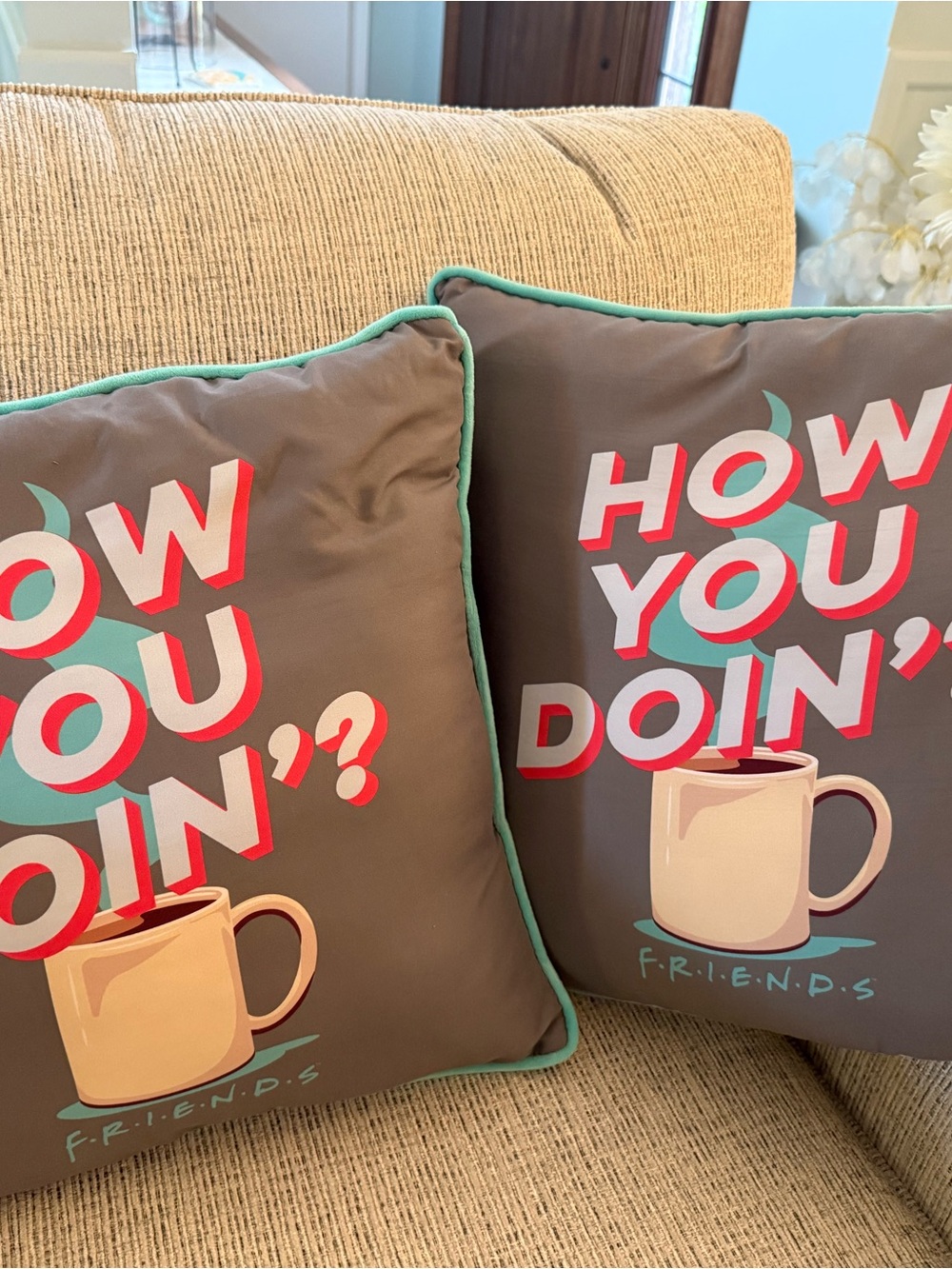 FRIENDS How You Doin’Gray Throw Pillows with Teal Piping and Red/White Lettering
